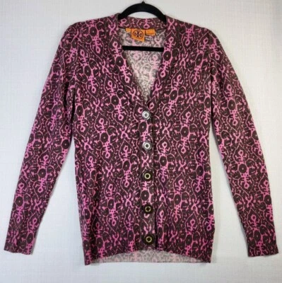 Tory Burch Women's Small Brown Pink Leopard Animal Print Button Blouse 100% Wool - Image 1 of 4