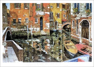 Viktor SHVAIKO Cafe Boats In Venice Italy Offset Lithograph 27 x 38 - Picture 1 of 1