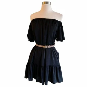 BANANA REPUBLIC Swing Shift Dress Satin Black Drop Shoulder Ruffle Hem XS Petite - Picture 1 of 12
