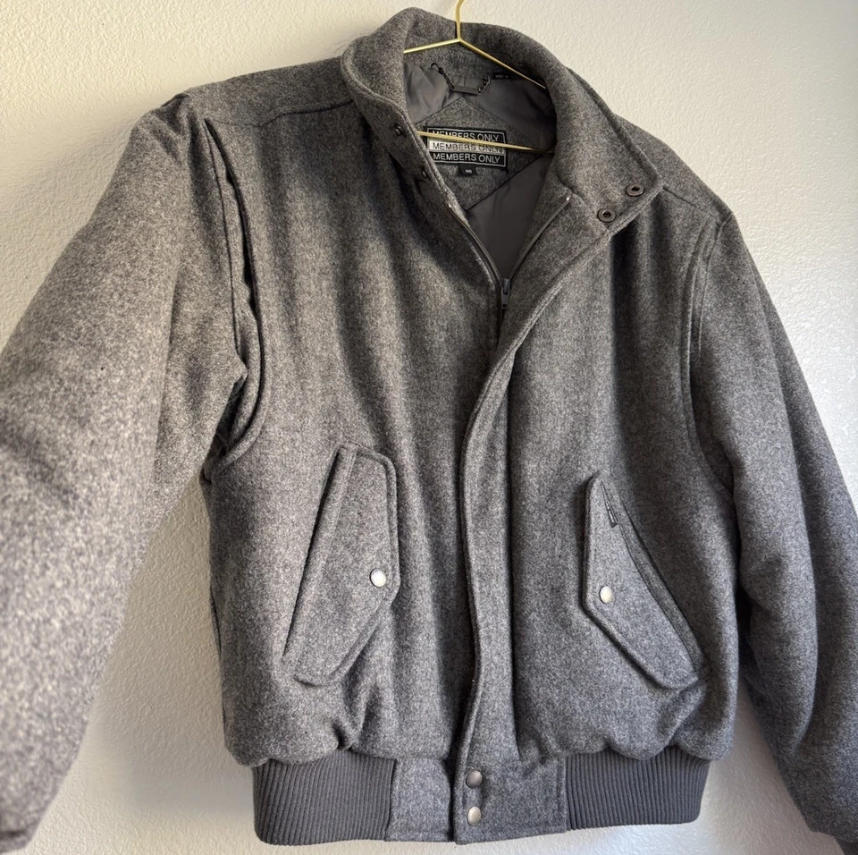 VTG 80's Members Only Bomber Wool Jacket Full Zip Snap Coat Gray Sz: 40 Medium - Image 1 of 4