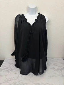 Studio West Apparel Top Womens 2X Black Peasant Long Sleeve Tassel Tie Boho I1 - Picture 1 of 4