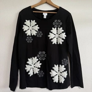 Chico's Weekend T-Shirt Womens Large (2) Black White Snowflake Embroidered Top - Picture 1 of 8