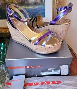 $480 PRADA LEATHER WEDGE HEEL CORK PLATFORM ANKLE STRAP SANDALS 9.5 PURPLE EXCL! - Picture 1 of 16