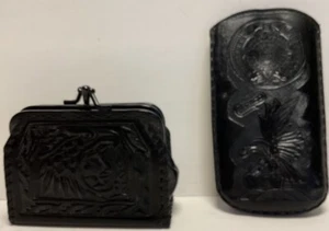 Vintage handgefertigte schwarze Leder Geldbörse und Brillenetui, Marano, Mexiko - Bild 1 von 10