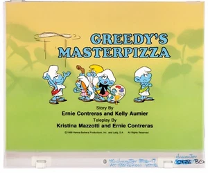 Smurfs Original Production Title Cel GREEDY'S MASTERPIZZA 1989 Peyo background - Picture 1 of 4