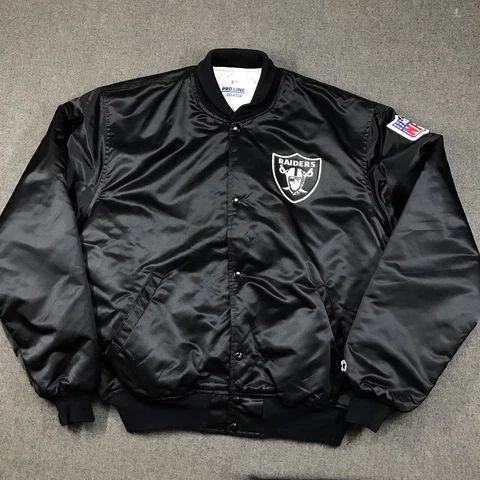 Vintage Oakland Raiders Starter Jacket XL Black Satin Spellout NFL Logo Cover