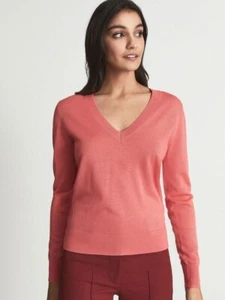 REISS Anna Pullover mit V-Ausschnitt aus Merinowolle in Koralle Größe M - Bild 1 von 6