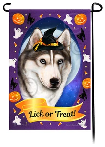 Halloween Garden Flag - Blue-Eyed Grey and White Siberian Husky - Picture 1 of 1