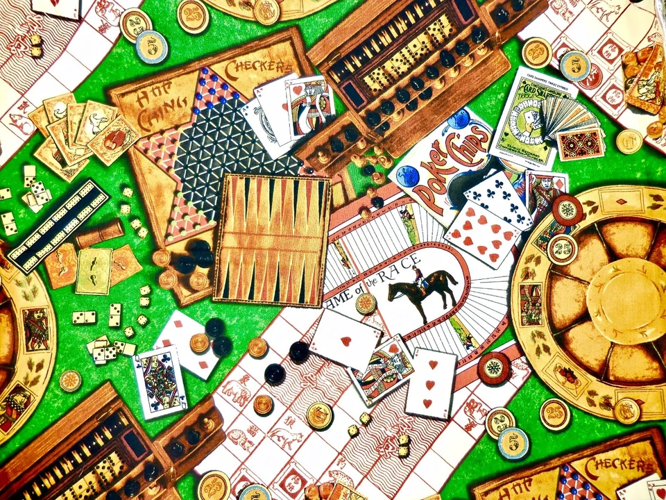 Pleasures & Pastimes Fabric,Games,Cards,Chips,Multicolor,Cotton,44.5"x28.5" - Image 1 of 1