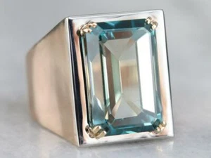 28.41 Carat Transaparent Aquamarine Shape Emerald Solitaire 14K GOLD Men Ring - Picture 1 of 6