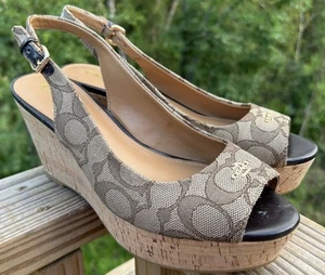 Coach Women Ferry Monogram Peep Toe Signature Khaki Platform Cork Wedges 7.5 B - Picture 1 of 11