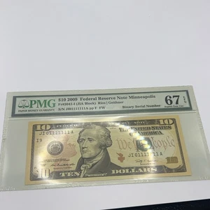 PMG 2009 $10 Federal Reserve Note BINARY SERIAL NUMBER J01111111A 67 Superb - Picture 1 of 6