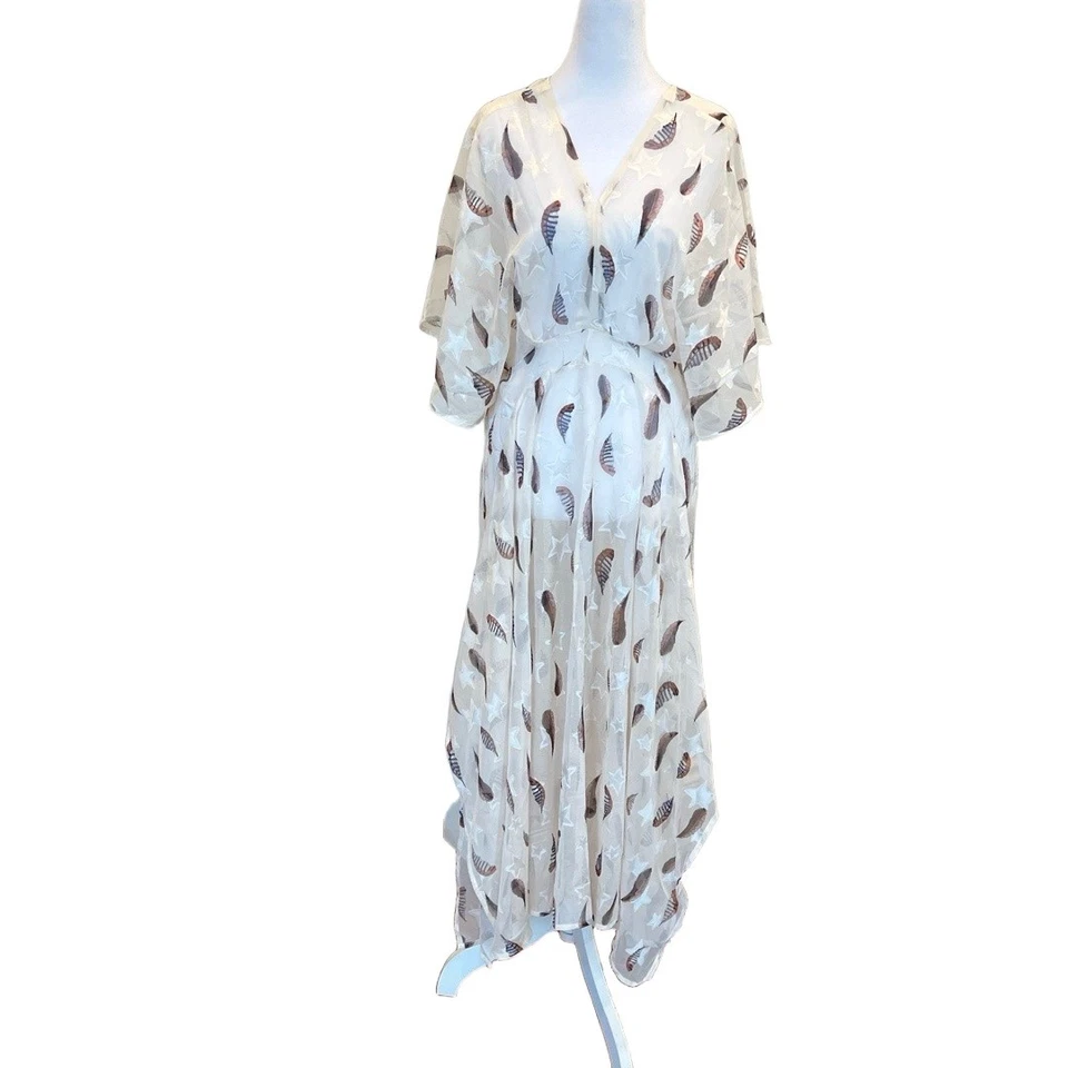 Unbranded Maxi Midi Dress XL Off-White Sheer Feather Star Flowy Unique Boho Y2K - Image 1 of 4