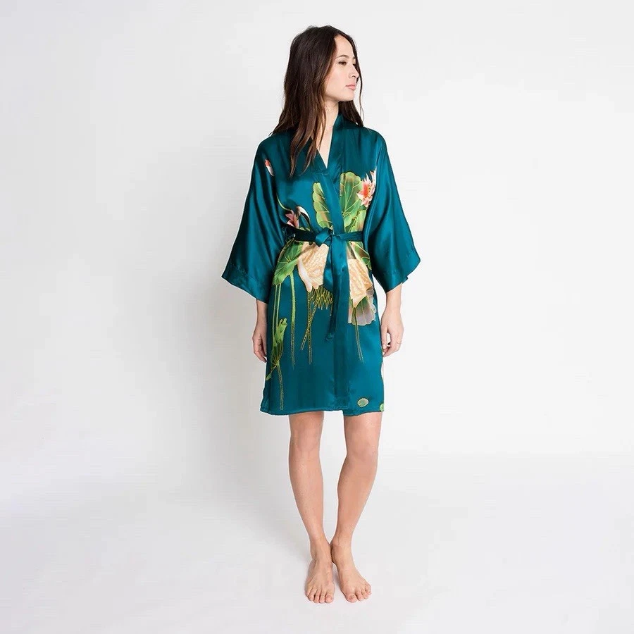 Ким + Оно 100% шелк вручную напечатано журавль кимоно халат один размер женщин - Изображение 1 из 4