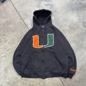 Vintage Miami Hurricanes Thermal Black Mens Large Hoodie Y2K Zip Up Faded Boxy - Picture 1 of 9