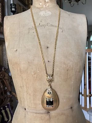 ALEXIS BITTAR Gold Lucite ART DECO Goldtone LONG Necklace 31", Brown Quartz XL - Image 1 of 4