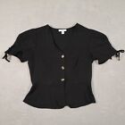 Topshop Womens Size 6 Black Peplum Blouse Scoop Neck Short Sleeve Button Top