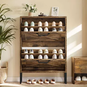 Farmhouse Metal Legs Shoe Cabinet with 2 Flip Drawers for Entryway Hallway Home - Picture 1 of 12