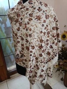 KASHMIRI CREWEL EMBROIDERED SHAWL 100% CASHMERE OFF-WHITE PASHMINA SCARF 30x76in - Picture 1 of 6