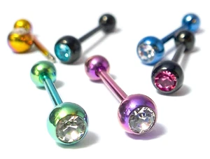1pc Tongue Ring w/ Bezel Set Gem PVD over Steel Barbell Tounge 14g 5/8 (16mm) - Picture 1 of 13