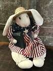 Patriotic Country Primitive Bunny Easter Doll Red White Blue 18" w History Book