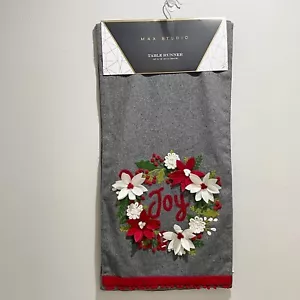 New MAX STUDIO Gray Red Christmas Holiday Table Runner Poinsettia 3D Wool Blend - Picture 1 of 4