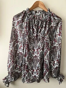 H&M Top Size 10 Sheer Paisley Print High Neck Oversized Long Sleeve Blouse - Picture 1 of 7
