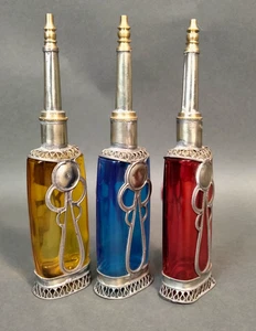 Moroccan Rosewater Bottles, Yellow, Blue, Red With Metal Embellishment BVO/ EW - Picture 1 of 6
