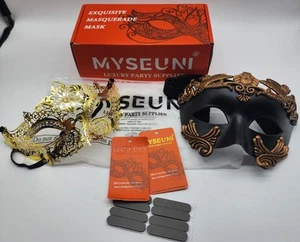 MYSEUNI Masquerade Mask for Couples - Gold Venetian Metal Rhinestone Filigree - Picture 1 of 10