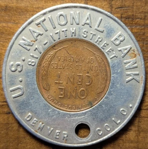 1952-D Denver Colorado U. S. National Bank Encased Cent Penny Token Keychain Fob - Picture 1 of 4