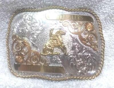 Wranglers Hi-Point 1987 placa de plata esterlina hebilla flores doradas borde de cuerda bonito Foto 1 de 4