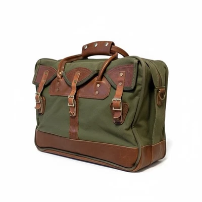 Bolsa tote vintage Gokey de lona e couro verde/marrom com alça 18x14x7” - Imagem 1 de 4