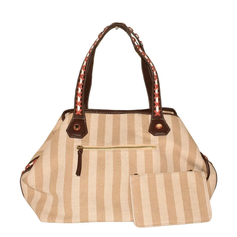 Bolso de Mano BIG BUDDHA $90 Interior Azteca Rayas Grande Lona Tostado/Crema Foto 1 de 4
