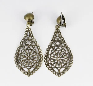 bronze Clip On earrings Big filigree teardrop pendant clips earrings lightweight - Picture 1 of 9