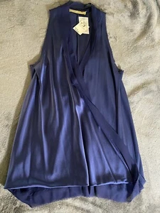 RAMY BROOK Rare Mixed 100% Silk Draped V Neck Top Wrap Surplice Navy Blue M - Picture 1 of 16