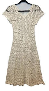 Vintage Jo Jo Ivory Crochet Midi Dress Size S Cottagecore Boho Tie Waist Cotton - Picture 1 of 20