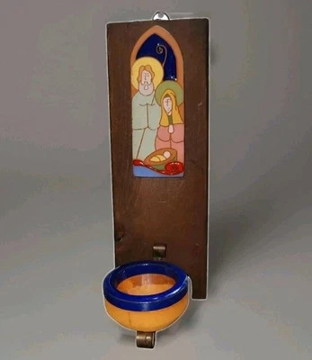 Art Pottery Nativity Candle Holder Wood Wall Table Mary Joseph Jesus Christmas  - Image 1 of 4