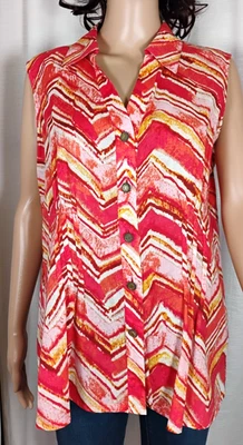 Dana Buchman Lg Red Orange Stripes Pin Tuck Sleeveless Cotton Top Bold 60s Mod - Image 1 of 4