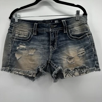 Pantalones Cortos Miss Me Para Mujer 29 Azul Denim Envejecido Dobladillo Crudo Floral Encaje Parche Jean Foto 1 de 4