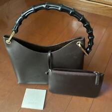 [Good] GUCCI Bamboo Handle Leather Handbag & Pouch Brown