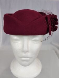 Vintage Burgundy Felt Hat 100% Wool with Floral Adornment Derby Church Fancy 🔥 