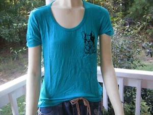 WORKSHOP FRENCH BULLDOG SCOOP NECK TEAL STRETCH SHIRT TOP MEDIUM/M FITS 33" BUST - Bild 1 von 5