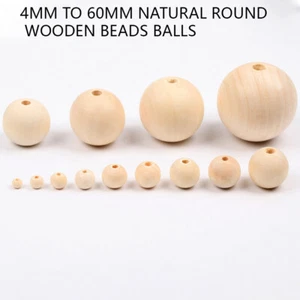 Natural Round Wooden Beads Balls Untreated Plain Wood Hole For DIY 4mm to 60mm - Picture 1 of 11