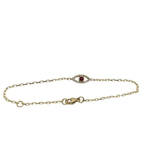 9ct Yellow Gold Diamond & Ruby Set Evil Eye Bracelet, July Birthstone - Picture 1 of 5