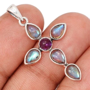 Cross - Natural Labradorite - Madagascar & Amethyst 925 Silver Pendants CP73444 - Picture 1 of 1