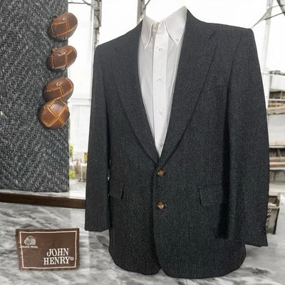 John Henry Sport Coat Mens 42R Dark Gray Tweed Wool Leather Buttons - Image 1 of 4