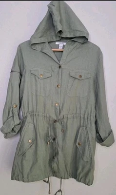 Style&Co Women Linen Hooded Utility Jacket Green Drawstring Waist Roll-tab Slv 4 - Image 1 of 4