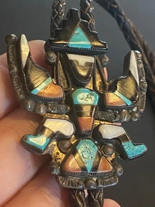 VTG Zuni Sterling Silver? Genuine Turquoise Coral MOP Knifewing Dancer Bolo Tie - Picture 1 of 24