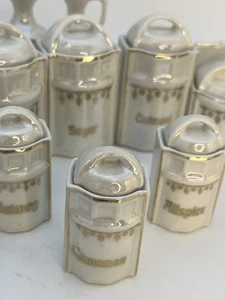 Vintage Mini German Canister Spice Set Child’s Porcelain Luster 26 Piece 2-3” - Picture 1 of 14