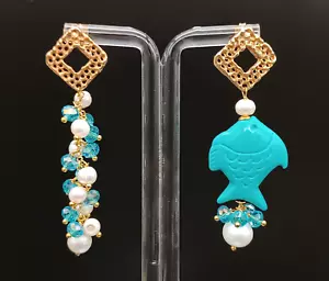 Women's Earrings Various Hanging Real Pearls Turquoise Quartz Light Blue - Picture 1 of 7